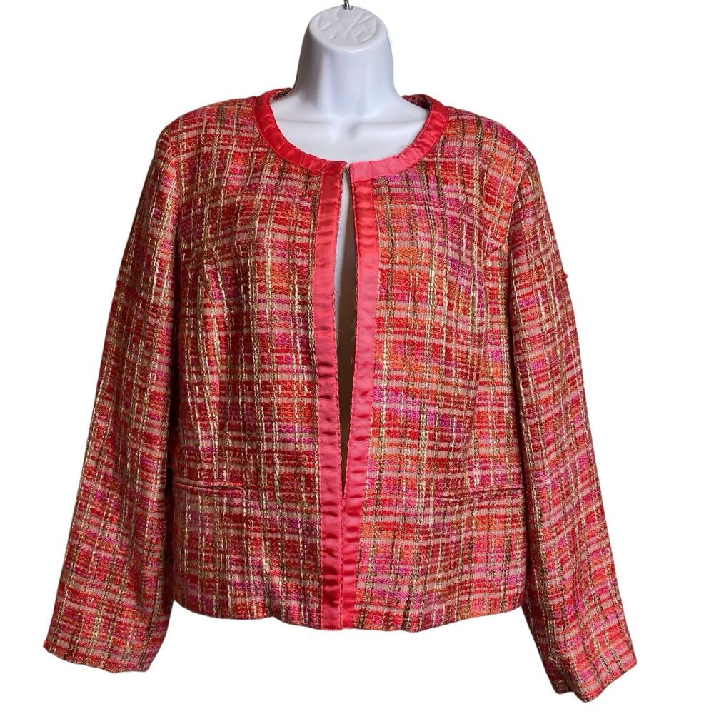 Chico's Pink Red Tweed Open-Front Boxy Jacket